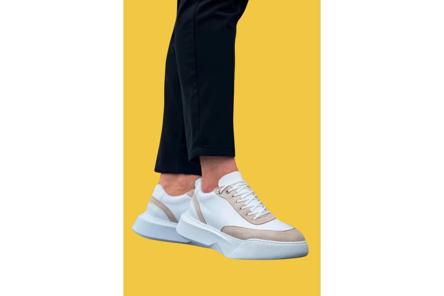 Shoecide Sbo0354 Bağcıklı Günlük Bağcıklı Erkek Krem Parçalı Beyaz Yüksek Taban Spor Ayakkabı