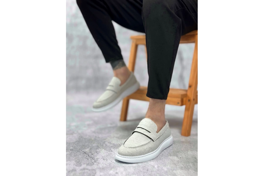 Shoecide Sbo0355 Bağcıksız Keten Beyaz Klasik Corcik Erkek Ayakkabı