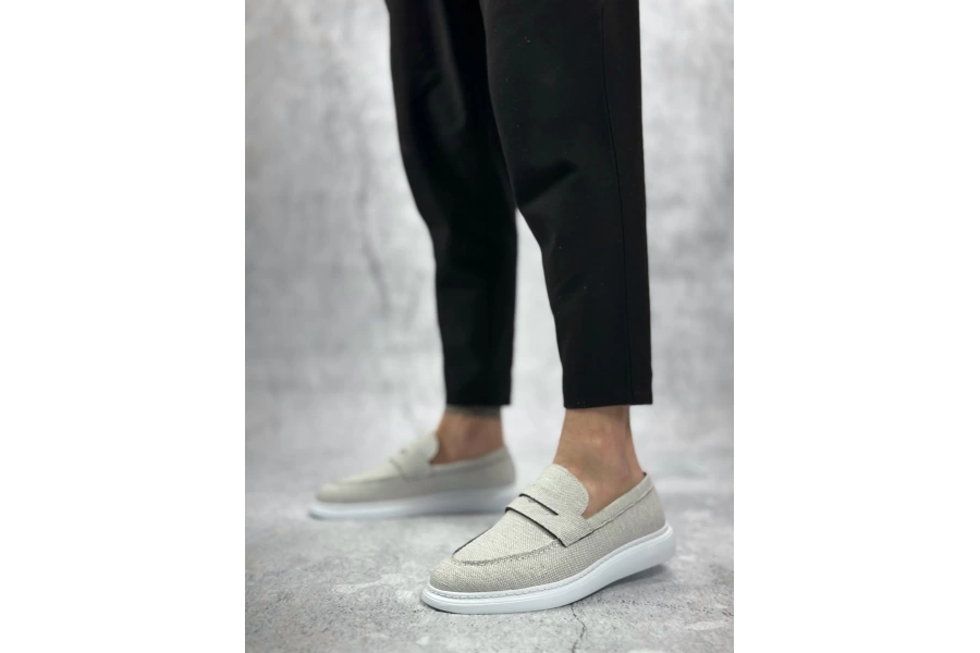 Shoecide Sbo0355 Bağcıksız Keten Beyaz Klasik Corcik Erkek Ayakkabı