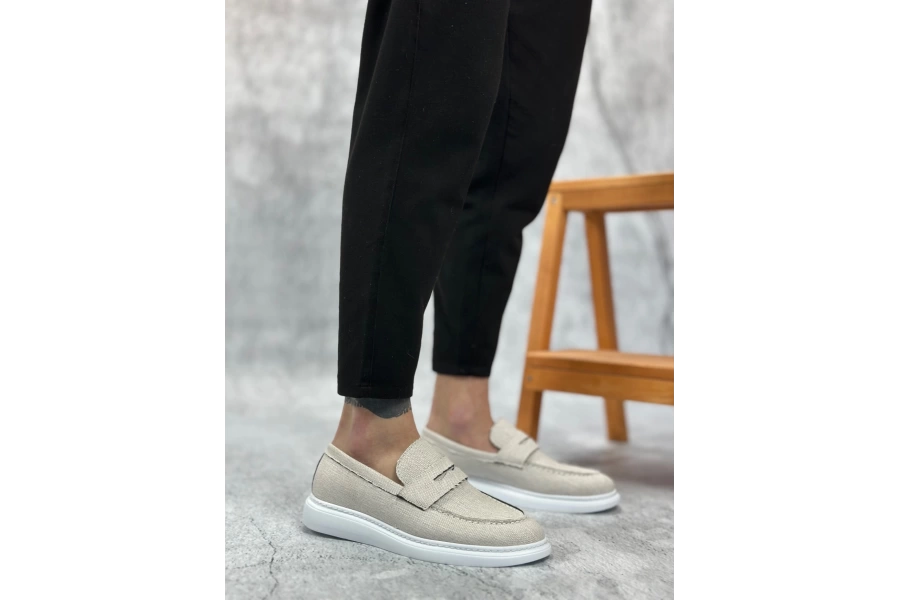 Shoecide Sbo0355 Bağcıksız Keten Beyaz Klasik Corcik Erkek Ayakkabı