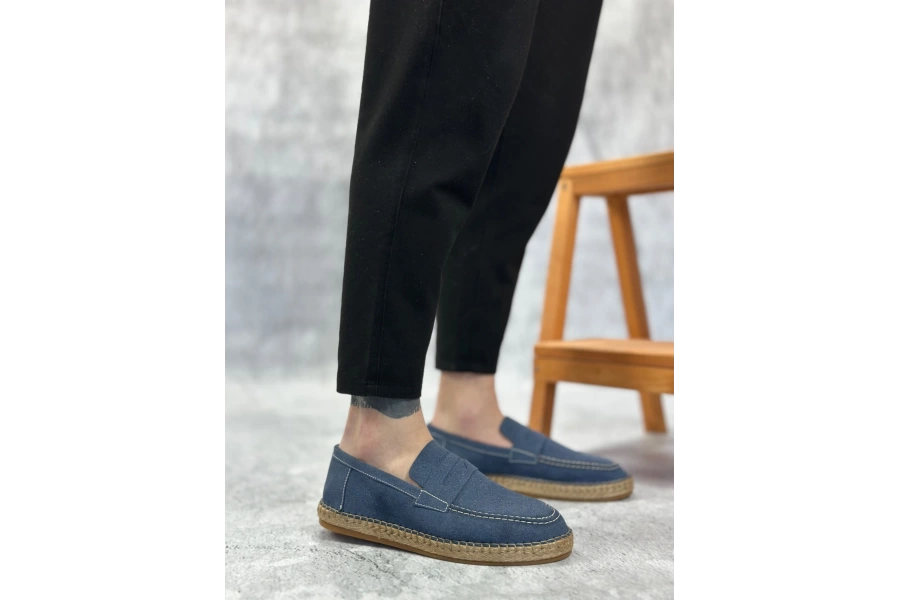 Shoecide Sbo0358 Boa Doğal Deri Tozu Bağcıklı Kauçuk El Yapımı Espadril Taban Mavi Renk Erkek Ayakkabı