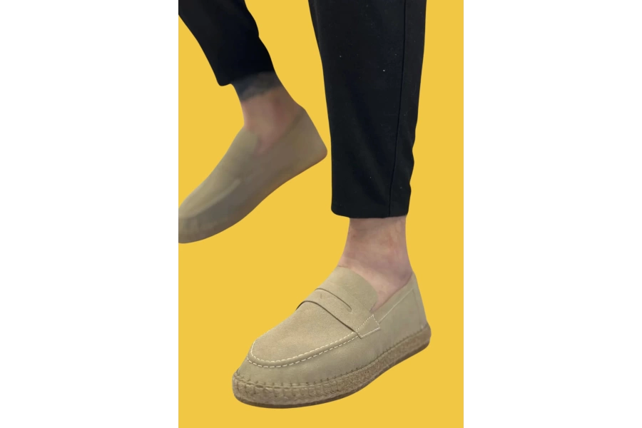 Shoecide Sbo0359 Doğal Deri Tozu Bağcıksız Kauçuk El Yapımı Espadril Taban Krem Renk Erkek Ayakkabı