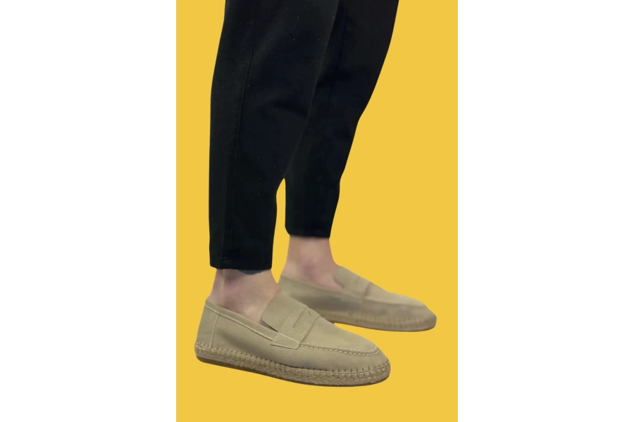 Shoecide Sbo0359 Doğal Deri Tozu Bağcıksız Kauçuk El Yapımı Espadril Taban Krem Renk Erkek Ayakkabı