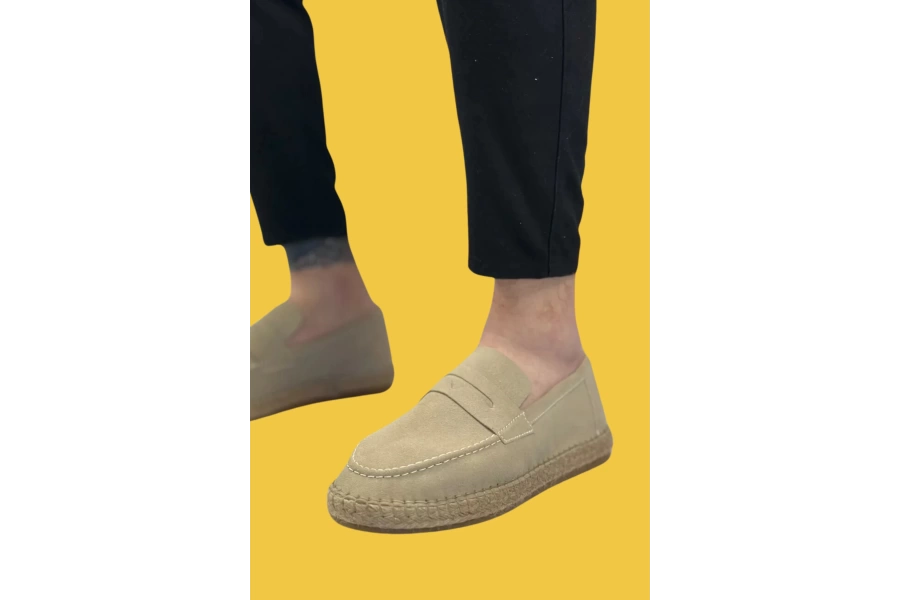Shoecide Sbo0359 Doğal Deri Tozu Bağcıksız Kauçuk El Yapımı Espadril Taban Krem Renk Erkek Ayakkabı