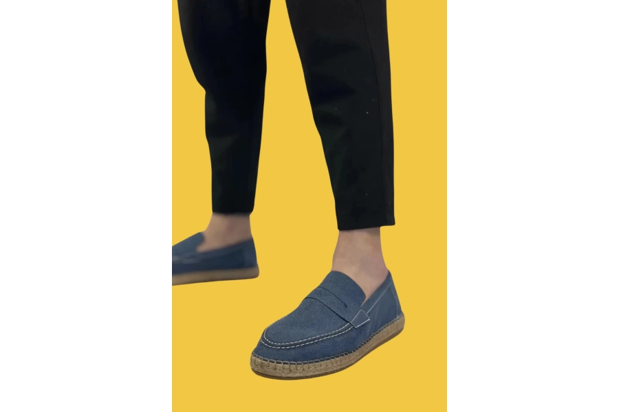 Shoecide Sbo0359 Doğal Deri Tozu Bağcıksız Kauçuk El Yapımı Espadril Taban Mavi Renk Erkek Ayakkabı