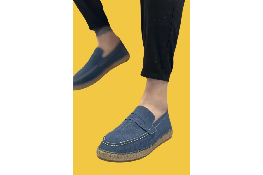 Shoecide Sbo0359 Doğal Deri Tozu Bağcıksız Kauçuk El Yapımı Espadril Taban Mavi Renk Erkek Ayakkabı