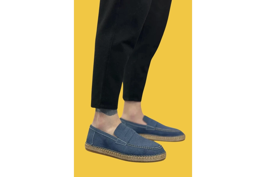 Shoecide Sbo0359 Doğal Deri Tozu Bağcıksız Kauçuk El Yapımı Espadril Taban Mavi Renk Erkek Ayakkabı