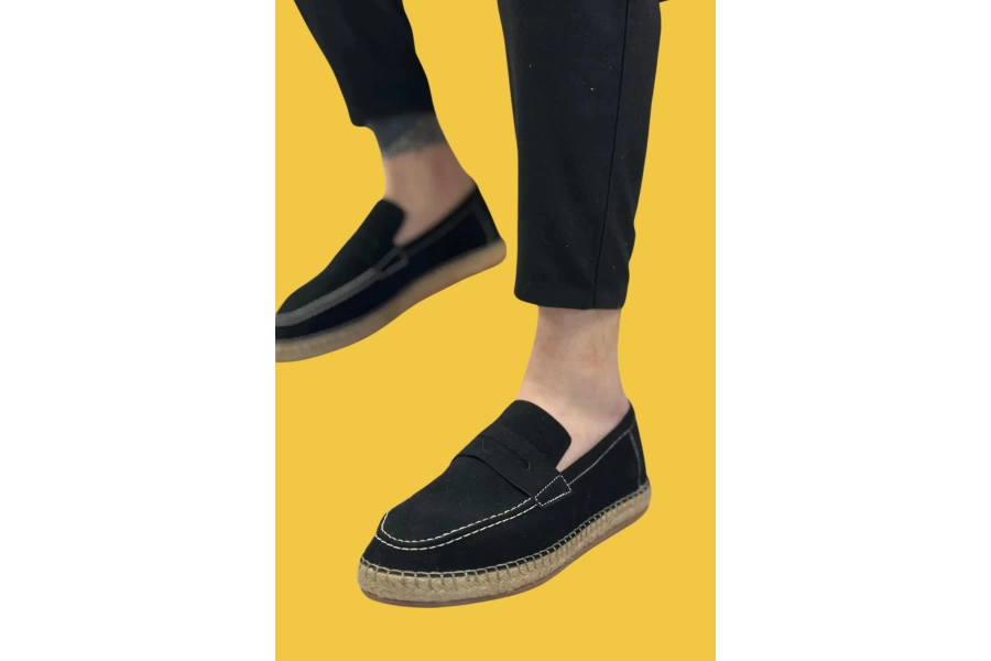 Shoecide Sbo0359 Doğal Deri Tozu Bağcıksız Kauçuk El Yapımı Espadril Taban Siyah Renk Erkek Ayakkabı