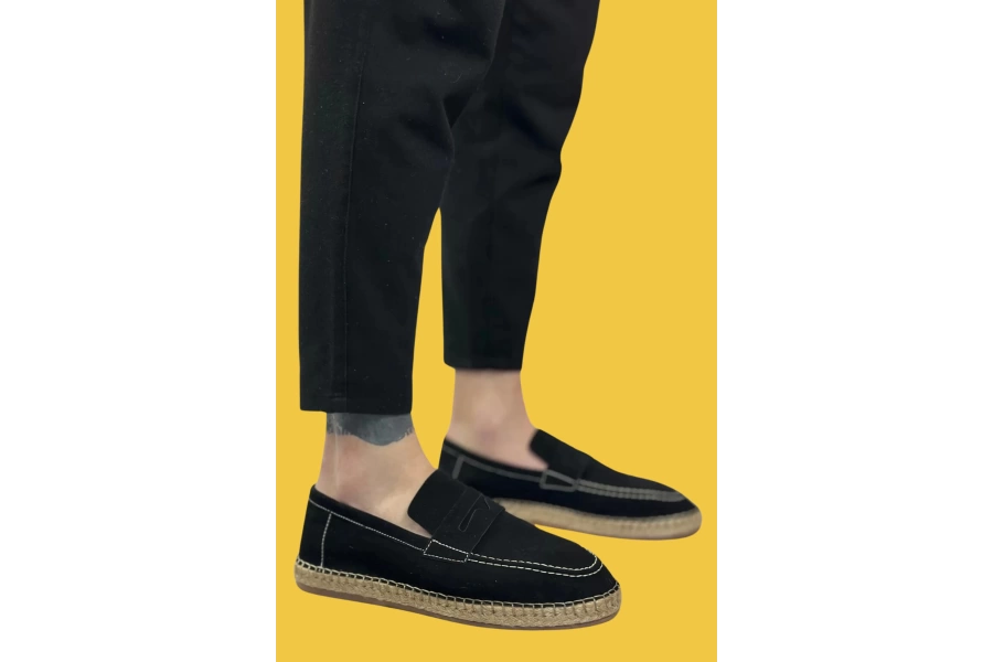 Shoecide Sbo0359 Doğal Deri Tozu Bağcıksız Kauçuk El Yapımı Espadril Taban Siyah Renk Erkek Ayakkabı
