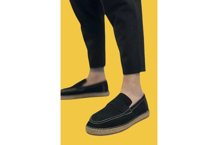 Shoecide Sbo0359 Doğal Deri Tozu Bağcıksız Kauçuk El Yapımı Espadril Taban Siyah Renk Erkek Ayakkabı