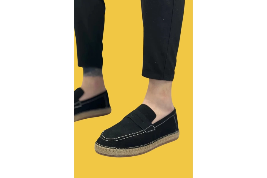 Shoecide Sbo0359 Doğal Deri Tozu Bağcıksız Kauçuk El Yapımı Espadril Taban Siyah Renk Erkek Ayakkabı