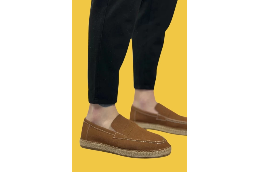 Shoecide Sbo0359 Doğal Deri Tozu Bağcıksız Kauçuk El Yapımı Espadril Taban Taba Renk Erkek Ayakkabı