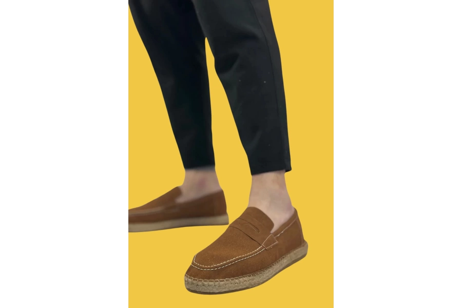 Shoecide Sbo0359 Doğal Deri Tozu Bağcıksız Kauçuk El Yapımı Espadril Taban Taba Renk Erkek Ayakkabı