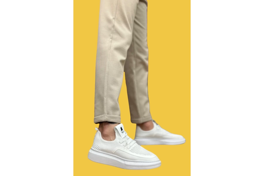Shoecide Sbo0375 Bağcıklı Özel Örme Triko Tarz Beyaz Rahat Taban Erkek Spor Ayakkabı