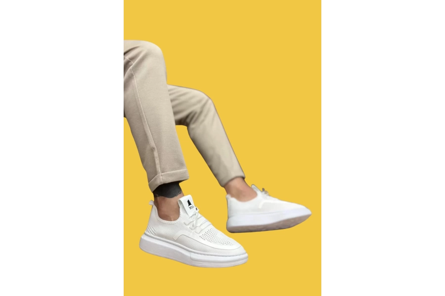 Shoecide Sbo0375 Bağcıklı Özel Örme Triko Tarz Beyaz Rahat Taban Erkek Spor Ayakkabı