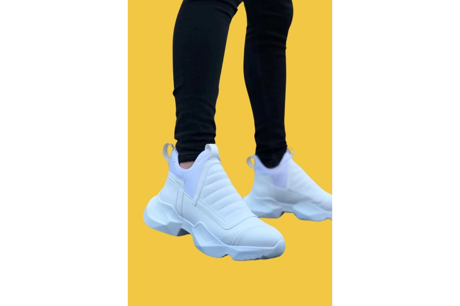 Shoecide Sbo0401 Bağcıksız Rahat Kalın Taban Beyaz Erkek Spor Yarım Bilek Bot
