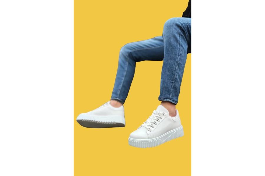 Shoecide Sbo0505 Çengel Bağcıklı Tırtıklı Taban Beyaz Renk Yüksek Tabanlı Günlük Ayakkabı