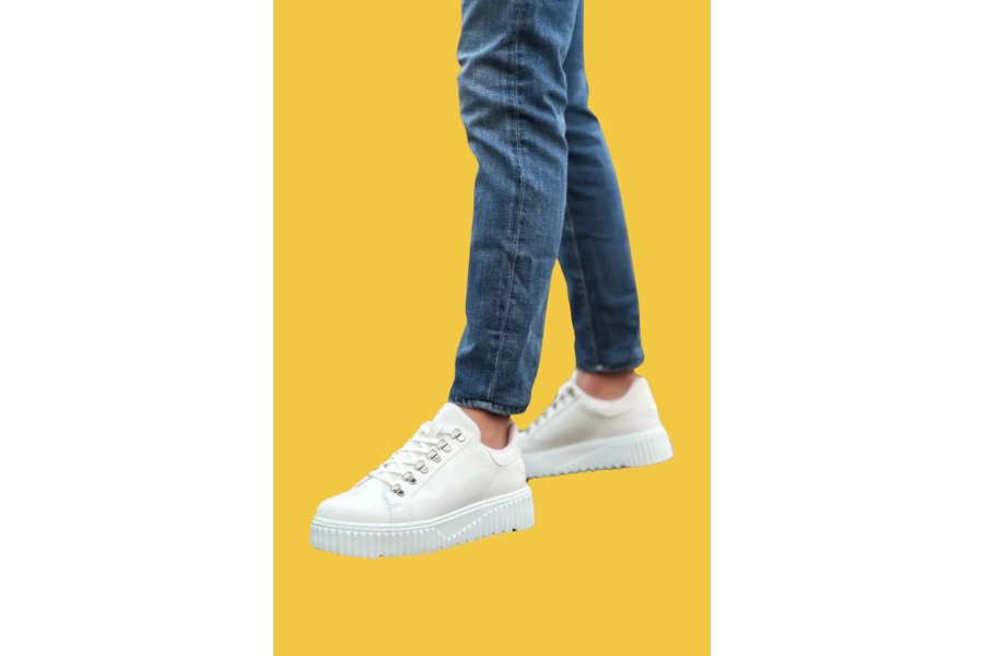 Shoecide Sbo0505 Çengel Bağcıklı Tırtıklı Taban Beyaz Renk Yüksek Tabanlı Günlük Ayakkabı