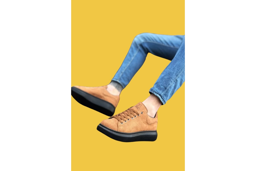 Shoecide Sbo0547 Bağcıklı Kalın Yüksek Taban Taba Siyah Süet Spor Erkek Ayakkabı