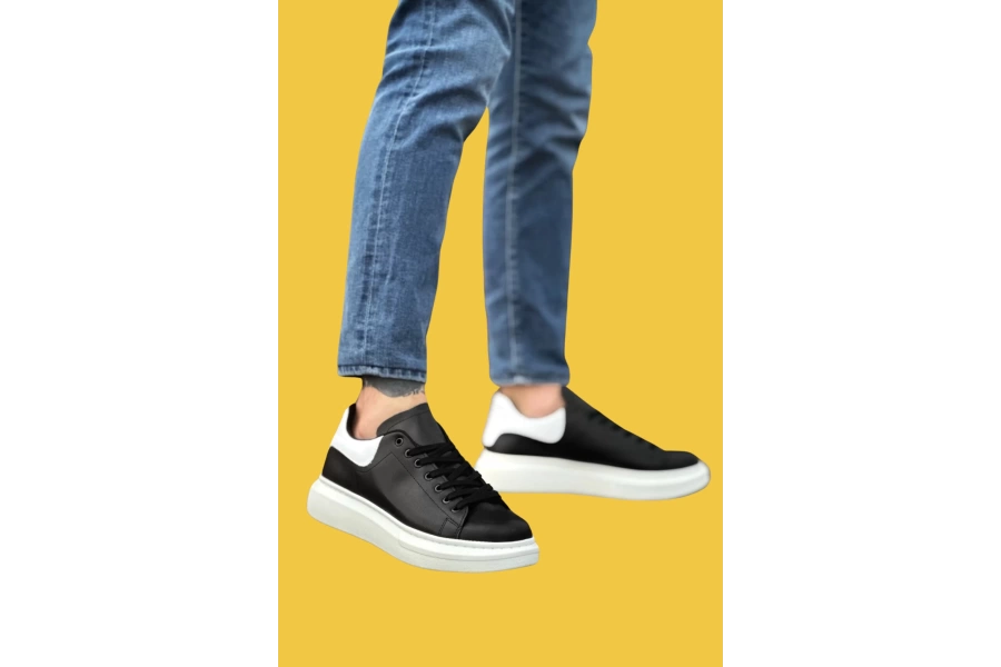 Shoecide Sbo0547 Kalın Yüksek Taban Siyah Beyaz Parça Detay Bağcıklı Spor Erkek Ayakkabı