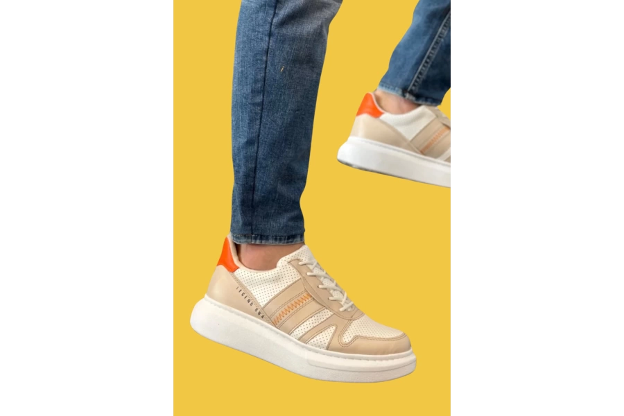 Shoecide Sbo0548 Kalın Yüksek Krem Beyaz Taban Beyaz Bağcıklı Spor Erkek Ayakkabı