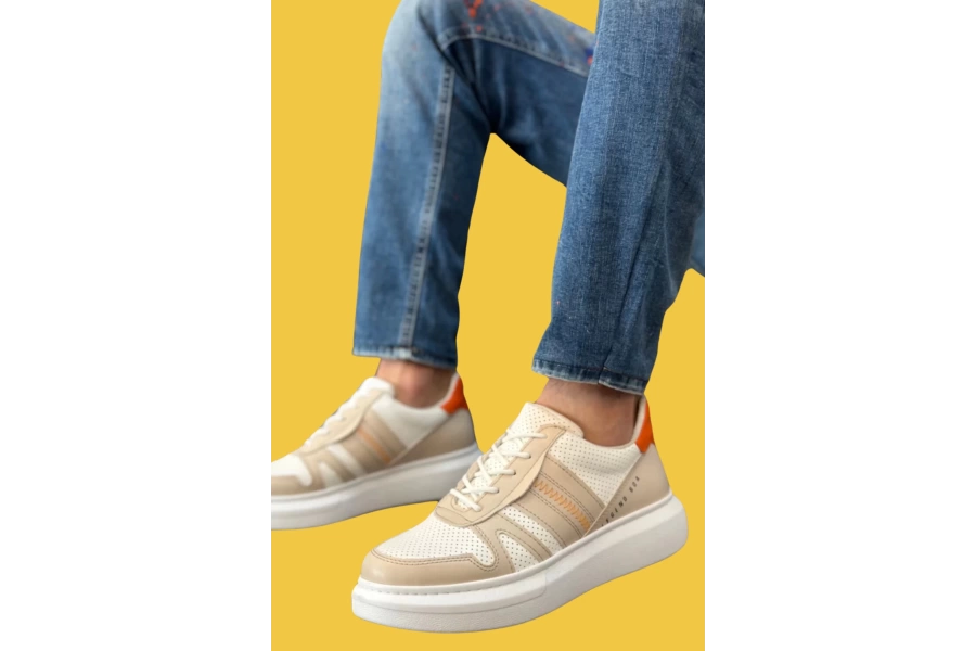Shoecide Sbo0548 Kalın Yüksek Krem Beyaz Taban Beyaz Bağcıklı Spor Erkek Ayakkabı