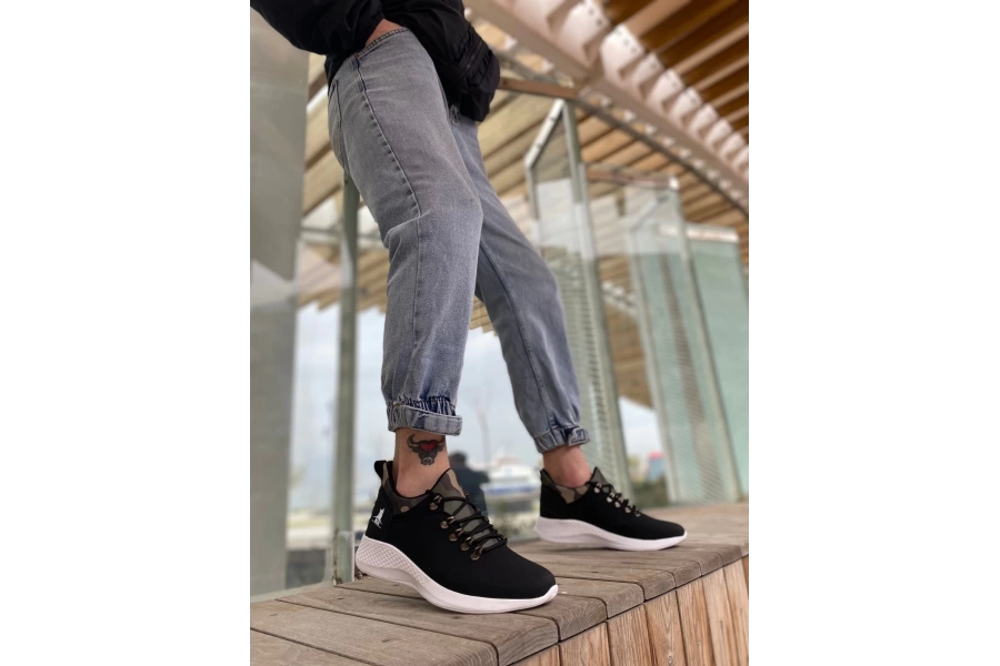 Shoecide Sbo0601 Bağcıklı Rahat Yüksek Taban Siyah Kamuflaj Casual Erkek Spor Ayakkabı