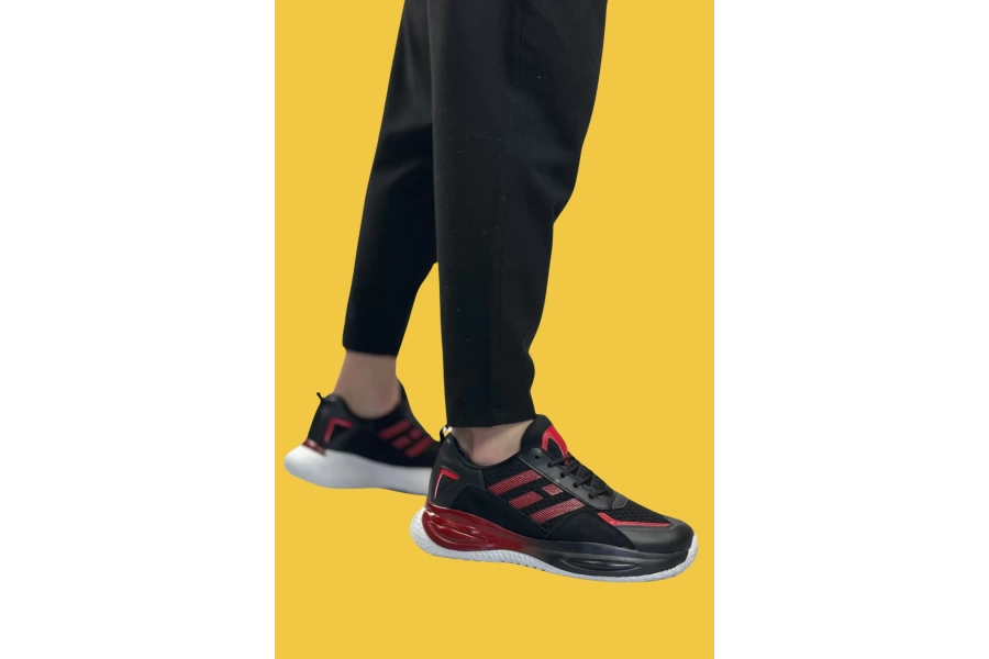Shoecide Sbo0650 Tarz Sneakers Yüksek Taban Siyah Kırmızı Erkek Spor Ayakkabısı