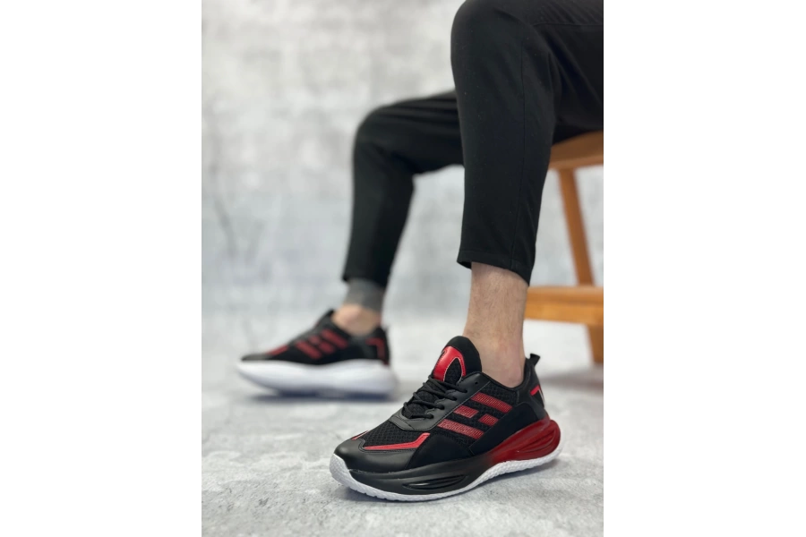 Shoecide Sbo0650 Tarz Sneakers Yüksek Taban Siyah Kırmızı Spor Ayakkabısı