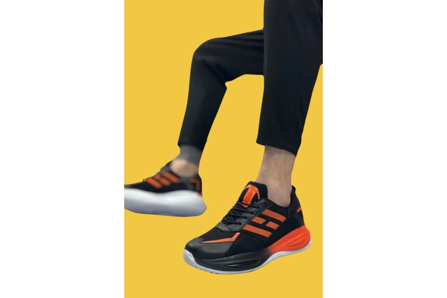 Shoecide Sbo0650 Tarz Sneakers Yüksek Taban Siyah Turuncu Spor Ayakkabısı