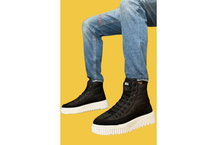 Shoecide Sbo0811 Yüksek Beyaz Taban Siyah Paraşüt Kumaş Cilt Detaylı Yarım Bilek Spor Bot