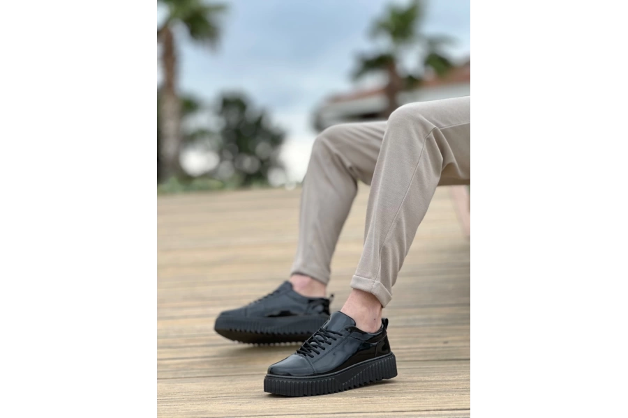 Shoecide Sbo8104 Boa Yüksek Taban Rugan Siyah Bağcıklı Erkek Ayakkabı
