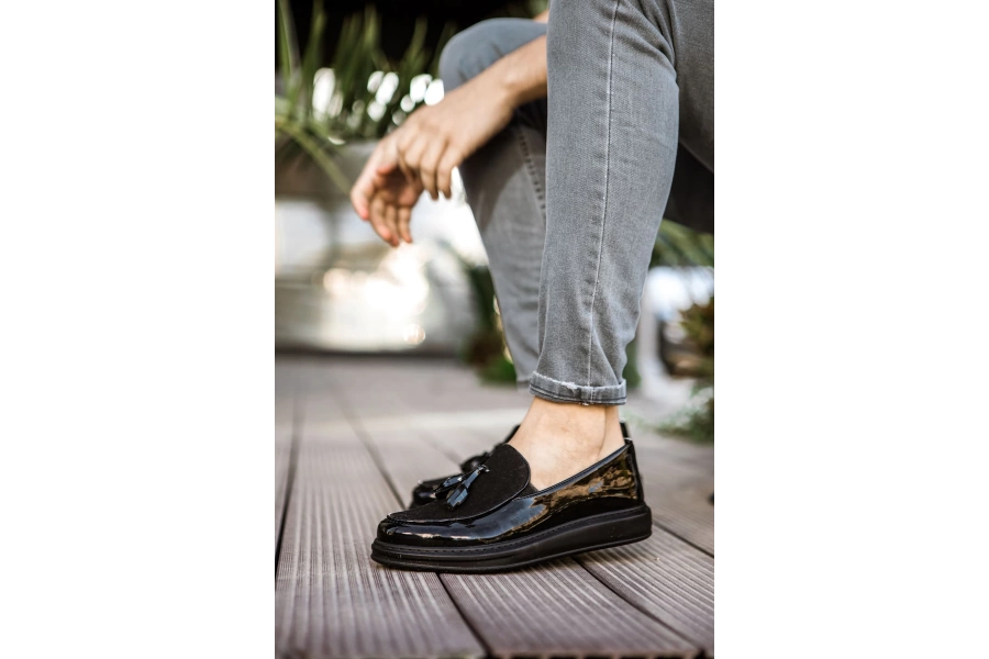 Shoecide Sho002 Püsküllü Corcik Rst Loafer Verniciata Erkek Klasik Ayakkabı Sıyah