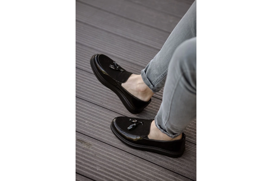 Shoecide Sho002 Püsküllü Corcik Rst Loafer Verniciata Erkek Klasik Ayakkabı Sıyah