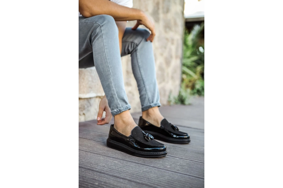 Shoecide Sho002 Püsküllü Corcik Rst Loafer Verniciata Erkek Klasik Ayakkabı Sıyah