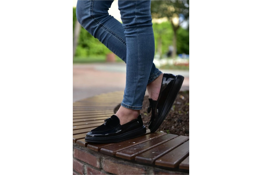 Shoecide Sho002 Püsküllü Corcik Rst Loafer Verniciata Erkek Klasik Ayakkabı Sıyah
