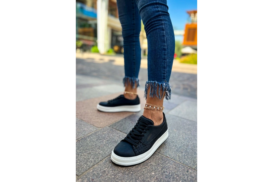 Shoecide Sho043 Bağcıklı Delikli Desen Yüksek Taban Cbt Cowien Kadın Ayakkabi Sıyah