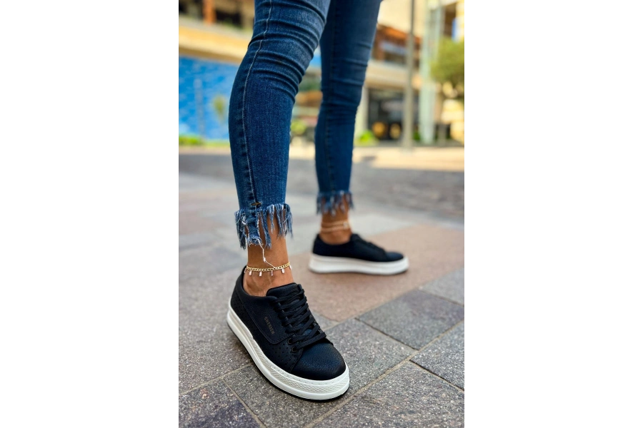 Shoecide Sho043 Bağcıklı Delikli Desen Yüksek Taban Cbt Cowien Kadın Ayakkabi Sıyah