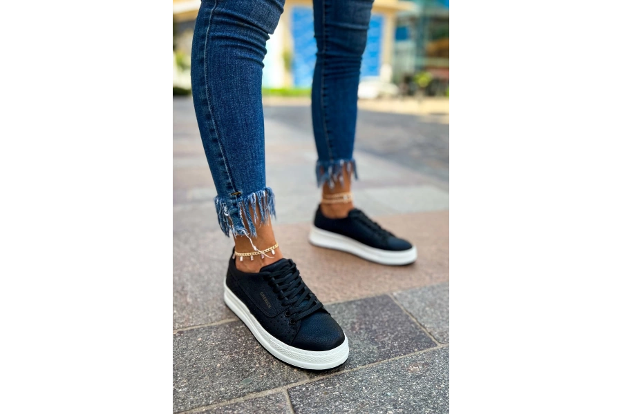 Shoecide Sho043 Bağcıklı Delikli Desen Yüksek Taban Cbt Cowien Kadın Ayakkabi Sıyah