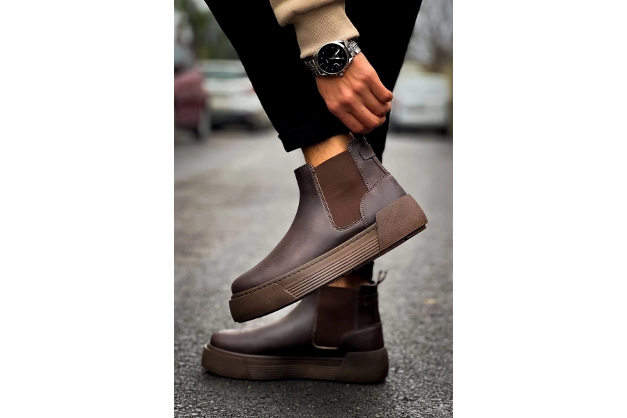 Shoecide Sho069 Bağcıksız Lastikli Chelsea Crt Harmany Erkek Bot Kahve