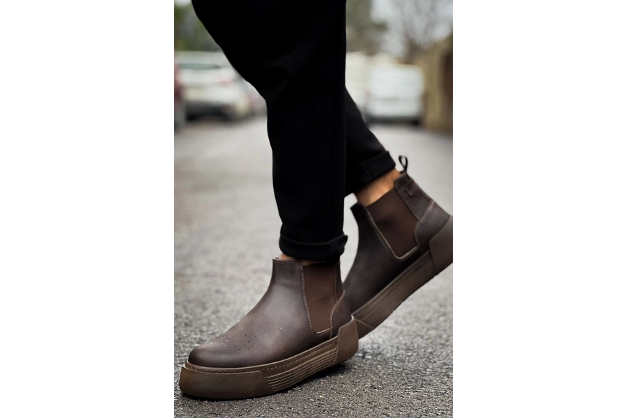 Shoecide Sho069 Bağcıksız Lastikli Chelsea Crt Harmany Erkek Bot Kahve