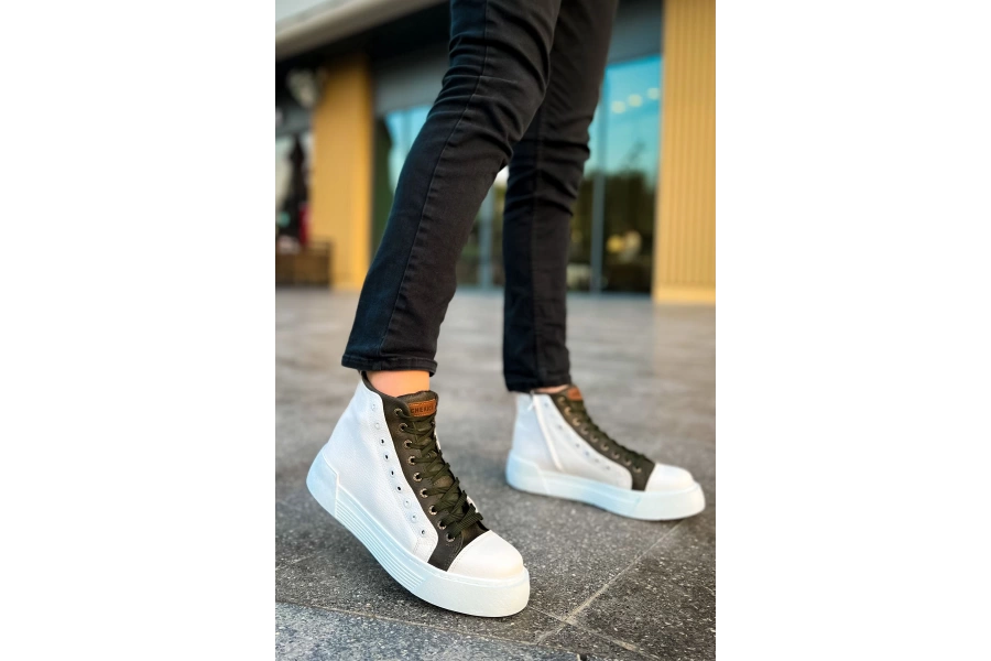 Shoecide Sho167 Bağcıklı Yüksek Taban Gbt Blazer Erkek Spor Bot Beyaz / Hakı