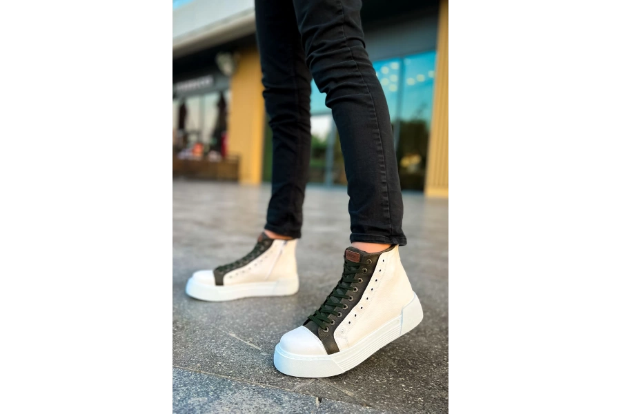 Shoecide Sho167 Bağcıklı Yüksek Taban Gbt Blazer Erkek Spor Bot Beyaz / Hakı