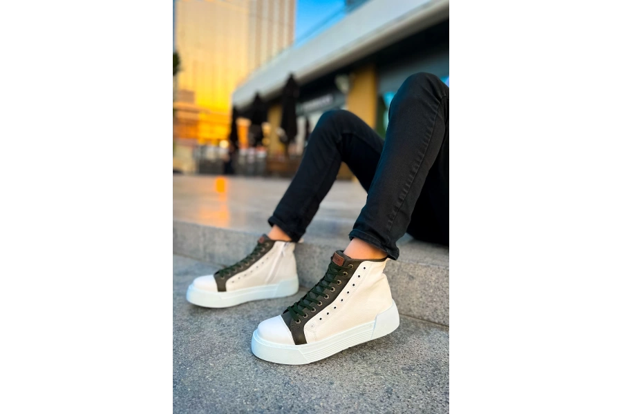 Shoecide Sho167 Bağcıklı Yüksek Taban Gbt Blazer Erkek Spor Bot Beyaz / Hakı