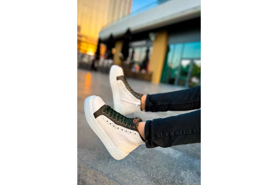 Shoecide Sho167 Bağcıklı Yüksek Taban Gbt Blazer Erkek Spor Bot Beyaz / Hakı