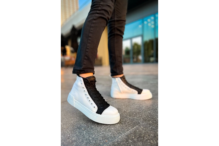 Shoecide Sho167 Bağcıklı Yüksek Taban Gbt Blazer Erkek Spor Bot Beyaz/sıyah