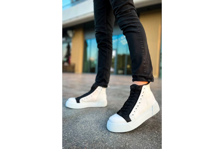 Shoecide Sho167 Bağcıklı Yüksek Taban Gbt Blazer Erkek Spor Bot Beyaz/sıyah