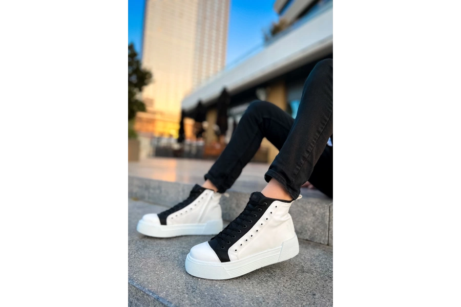 Shoecide Sho167 Bağcıklı Yüksek Taban Gbt Blazer Erkek Spor Bot Beyaz/sıyah