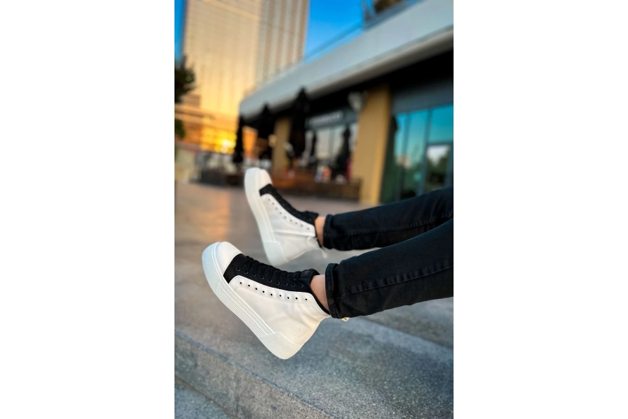 Shoecide Sho167 Bağcıklı Yüksek Taban Gbt Blazer Erkek Spor Bot Beyaz/sıyah