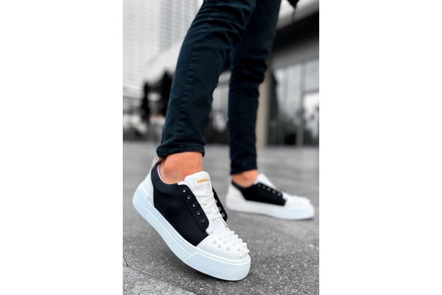 Shoecide Sho169 Bağcıklı Gotik Çivili Metal Cbt Thorn Erkek Ayakkabı Beyaz/sıyah